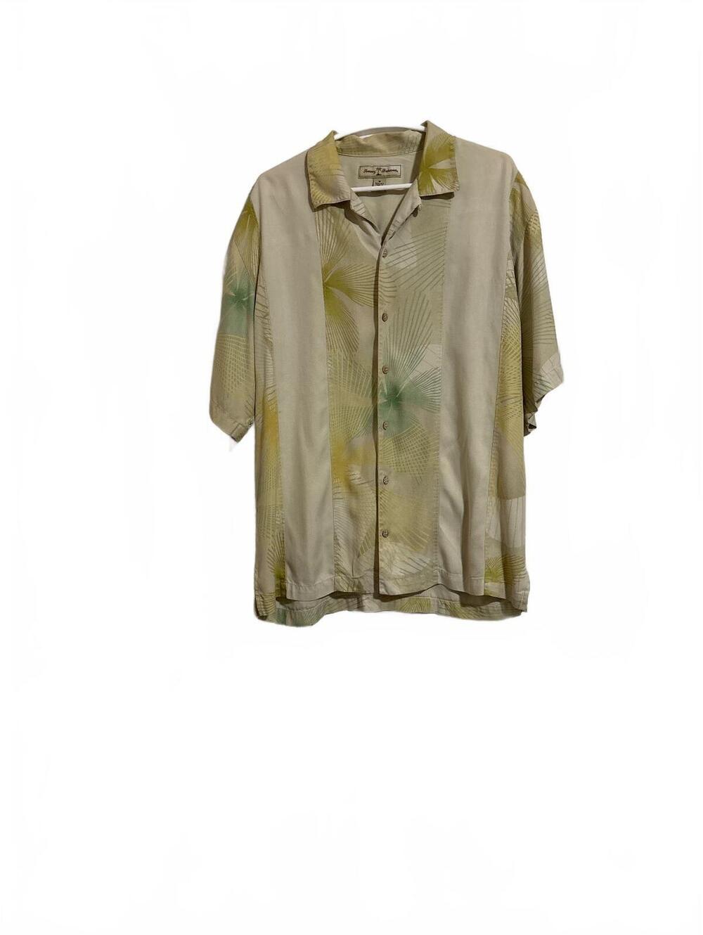 Tommy Bahama Mens M 100% Silk Camp Shirt Floral Spiral Graphic Beige Green